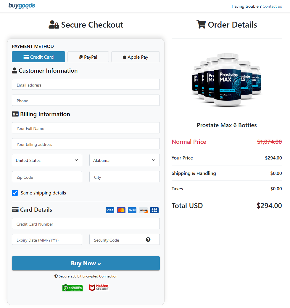 Prostate Max order details page
